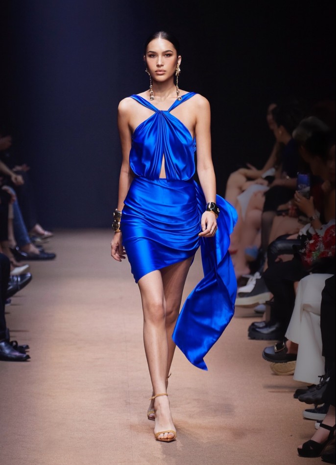 PRE-ORDER : DRAPED SILK SATIN BACKLESS DRESS - BLUE
